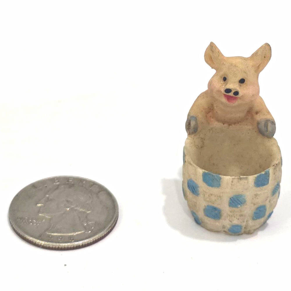 Vintage Miniature Pig Figurine Blue Checkered Basket Tiny Farm Animal 1.5”